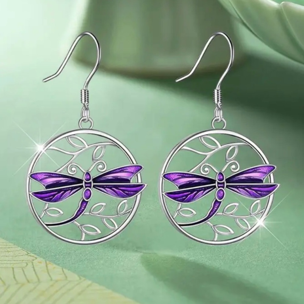 Silver Alloy Purple Dragonfly Dangle Earrings.